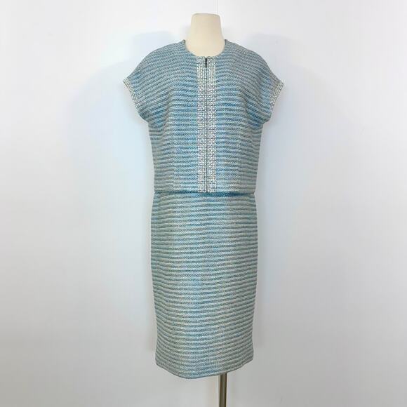 St. John Knit 2 Piece Set Striped Shimmery Embellished Dress and Cardigan 12 - Picture 2 of 15